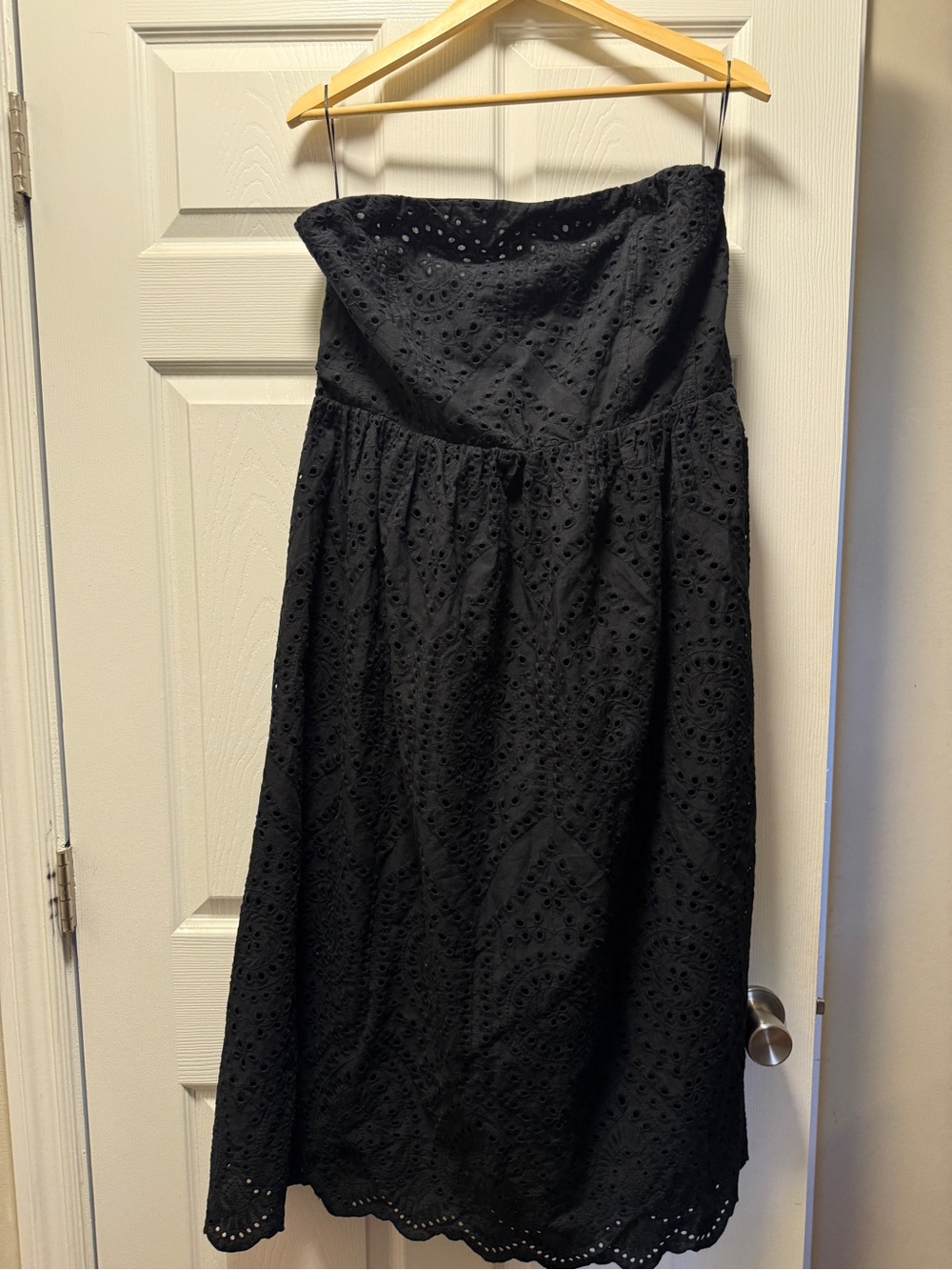 H&M Black Strapless Eyelet Midi Dress with Scalloped Hem